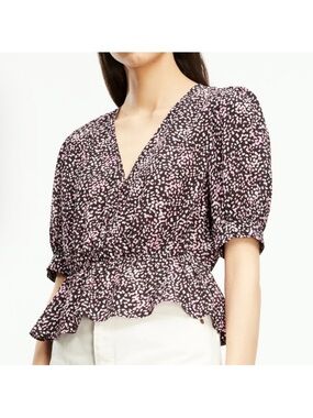 The Kooples Black and Pink V-Neck Peplum Blouse